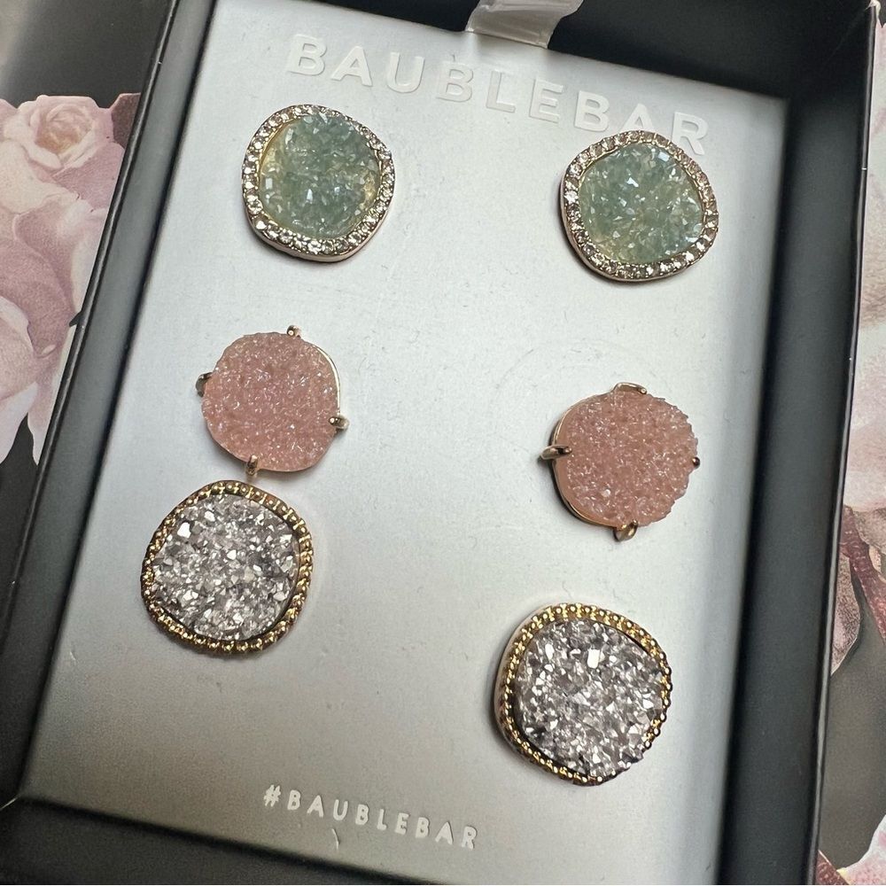 Baublebar Set of 3 Stud Crytals Earrings Gold Plated NEW MSRP $48